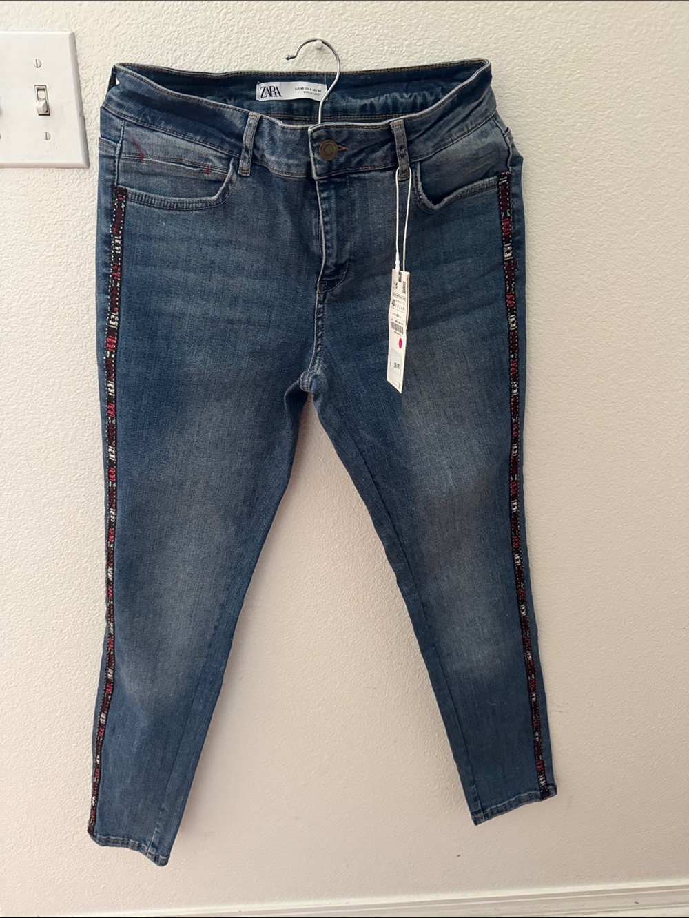 Zara Skinny Blue Jeans with Beaded Side Trim